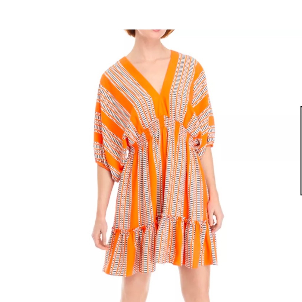 Taylor Elbow Sleeve V-Neck Smocked Waist Stripe Print Dress- Size‎ 2